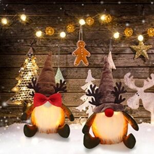 2 Festive Holiday Gnomes Decor with Brown Hat and Red Bow